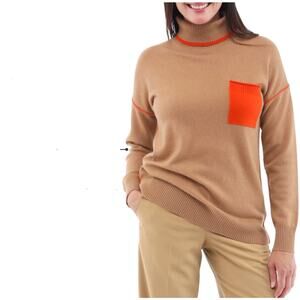 InCashmere Camel Contrast Stitch Pocket Cashmere Pullover Turtleneck Sweater M